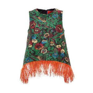 NWT La DoubleJ La Scala Top in Night Garden Faille Floral w/ Feather Trim M